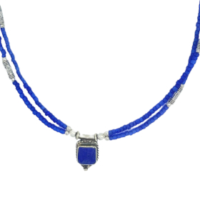 Collar Nepalés de Gemas Extra Finas de Dos Líneas - Colgante Ónix Azul y Lapislázuli