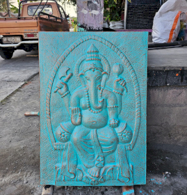 Gran Relieve de Ganapati en Marco de Hierro Turquesa - 0.7x1m