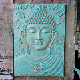 Gran Relieve de Buda en Marco de Hierro Turquesa - 0.7x1m